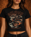 BEL13VE Dragon women's black crop top modeled from the front
