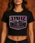 BEL13VE Eagle women's black crop top modeled from the front