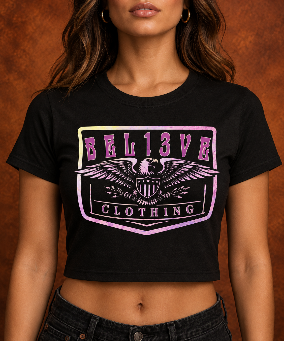 BEL13VE Eagle women's black crop top modeled from the front