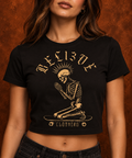 Pray & Ride women's black crop top modeled from the front