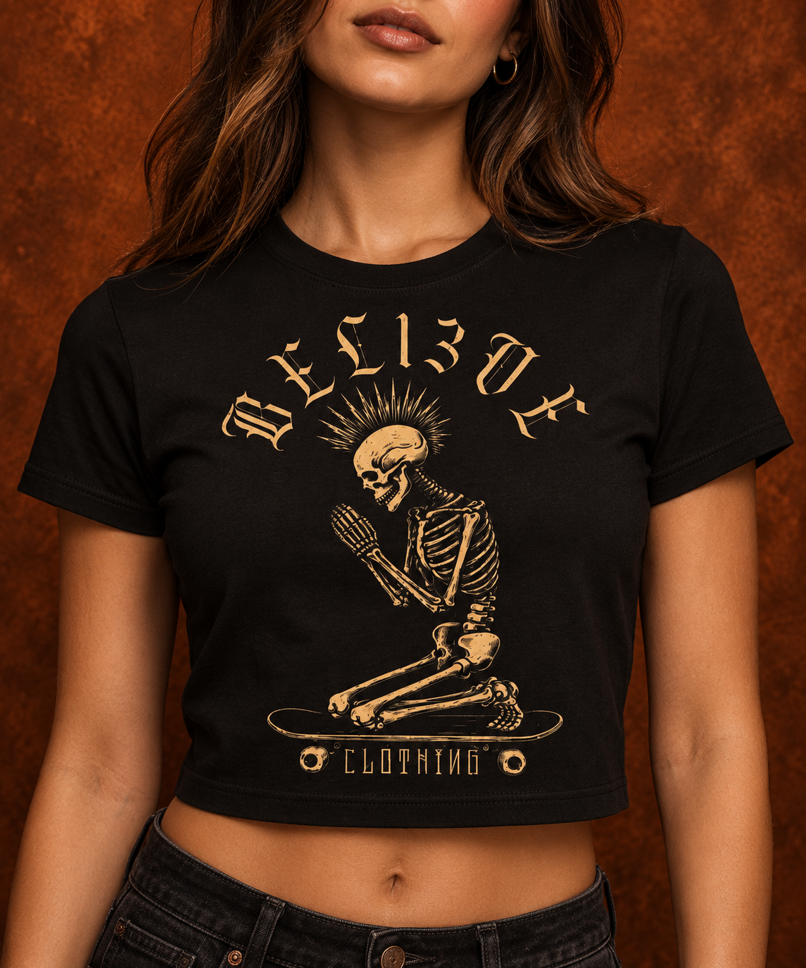 Pray & Ride women's black crop top modeled from the front