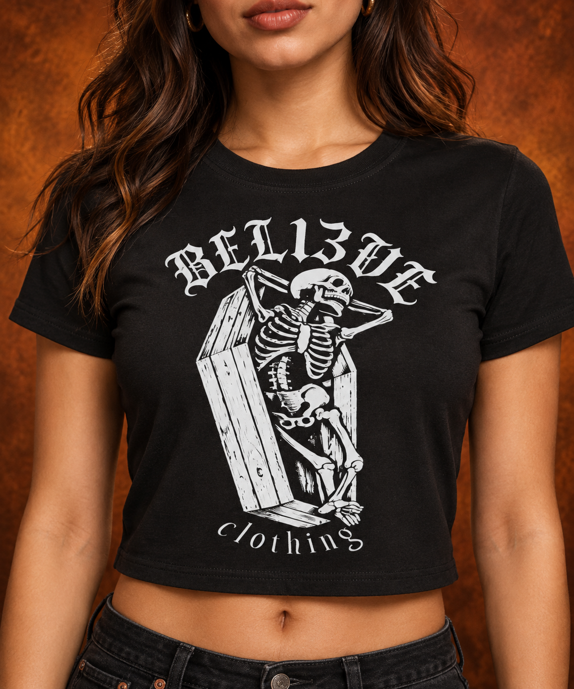 Resurrection Coffin women's black crop top modeled from the front
