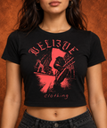 BEL13VE Skater women's black crop top modeled from the front