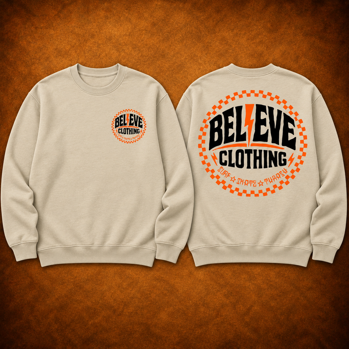 BEL13VE Surf Skate Crewneck - Khaki front and back