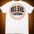 BEL13VE Surf Skate white tee back on warm brown background