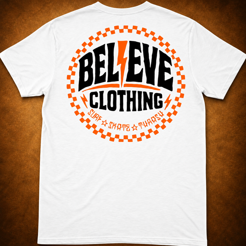 BEL13VE Surf Skate white tee back on warm brown background