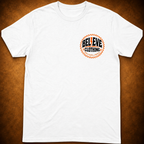 BEL13VE Surf Skate white tee front with 3.5 inch left chest print on warm brown background