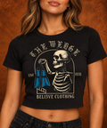 The Wedge women's black crop top modeled from the front