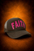 Olive green Faith snapback with pop-pink lettering