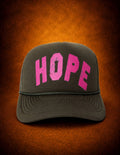 Olive green Hope snapback with pop-pink lettering