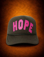Olive green Hope snapback with pop-pink lettering