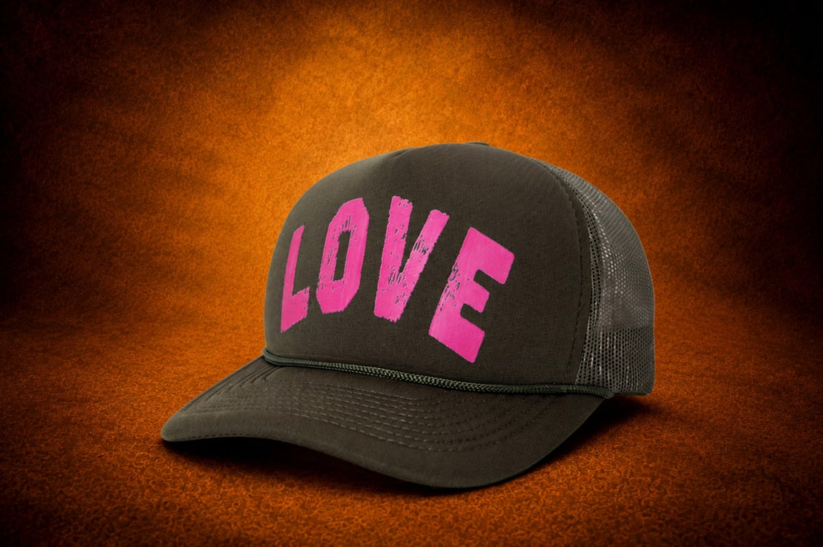 Olive green Love snapback with pop-pink lettering