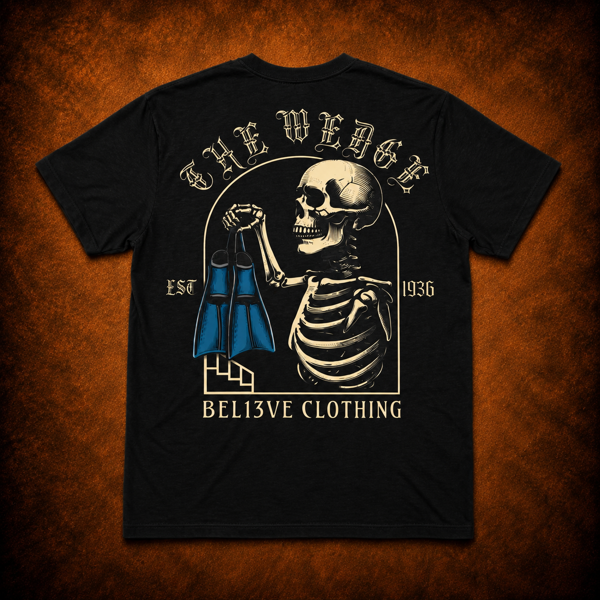 BEL13VE The Wedge black tee back on burnt-orange background